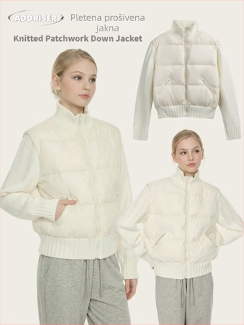 Ženska zimna jakna s punom od bijelog pačjeg perja, stojeći ovratnik, patchwork pleteni dizajn, topla i elegantna