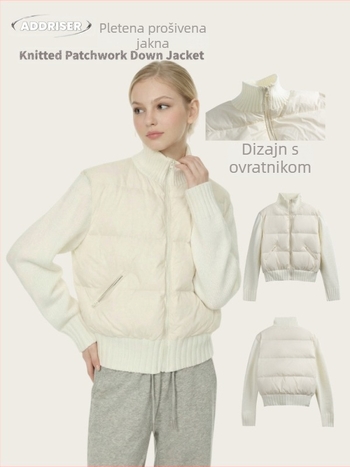 Ženska zimna jakna s punom od bijelog pačjeg perja, stojeći ovratnik, patchwork pleteni dizajn, topla i elegantna