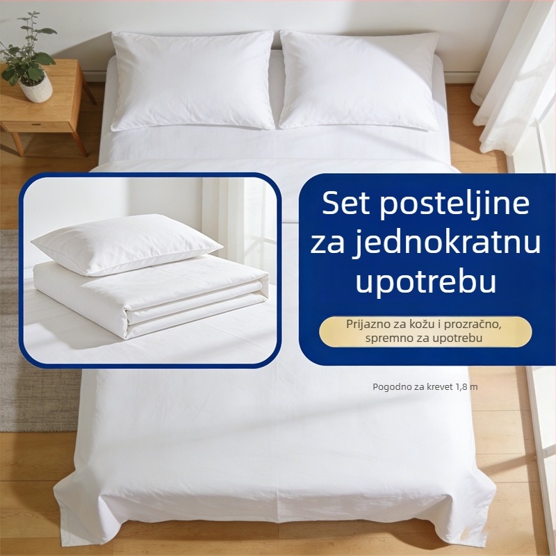 Jednokratni hotelski posteljni set od četiri dijela: plahte, navlaka za jorgan, jastučnice – za poslovna putovanja