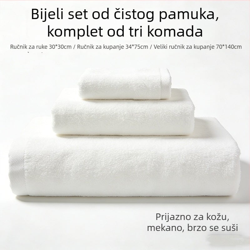 Pamukasti trokomponentni set za hotele i hostele – bijeli kupaonski ručnici, GSM 500, malo otpuštanje vlakana, moguć vezeni logotip