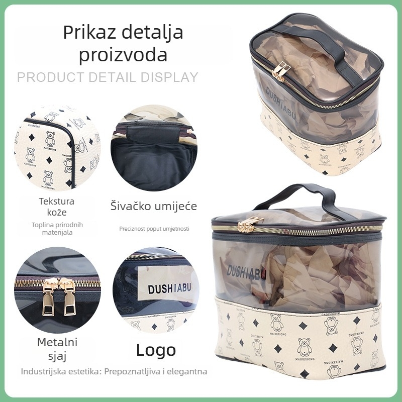Prilagođena kozmetička torbica u korejskom stilu sa slatkim prozirnim medvjedićem, velika kapaciteta, PU koža