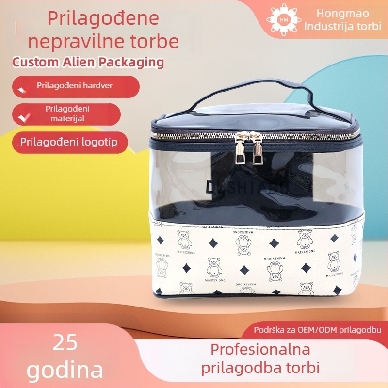 Prilagođena kozmetička torbica u korejskom stilu sa slatkim prozirnim medvjedićem, velika kapaciteta, PU koža