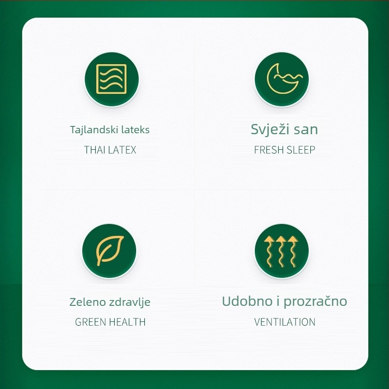 Prirodni lateks jastuk, prozračan jastuk za masažu vrata, pravokutnog oblika, visina 5–10 cm, težina 1–2 kg, pleteni navlaka, sadržaj lateksa preko 90%, za odrasle