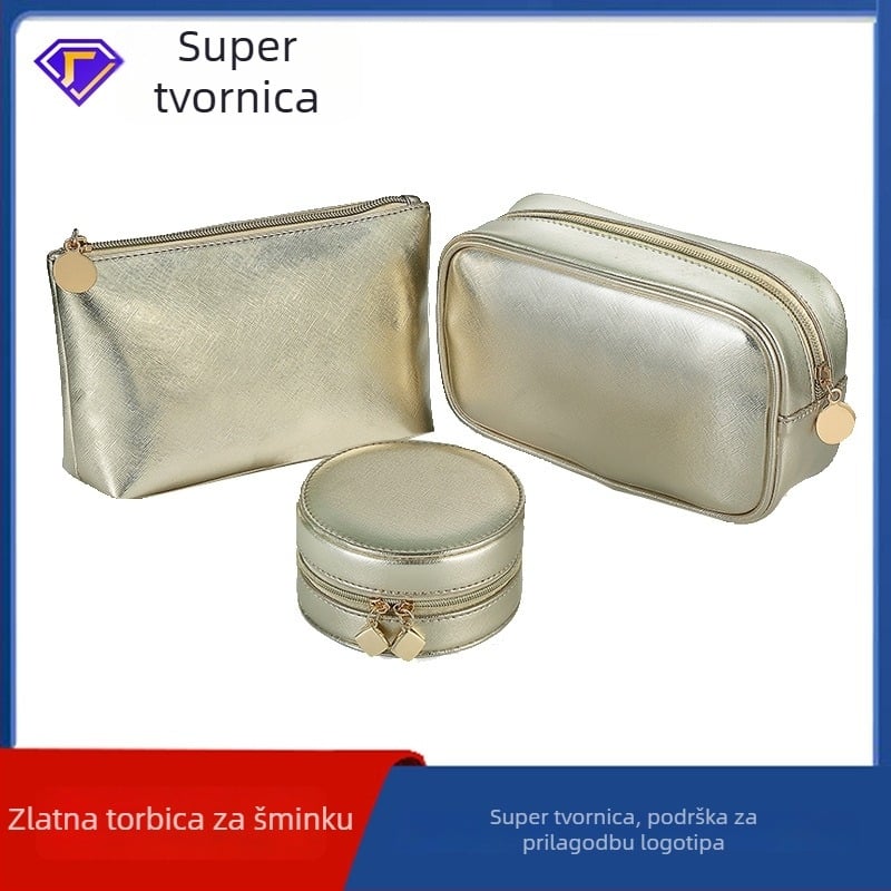 Nova PU kozmetička torbica u zlatnoj boji, korejskog stila, velika kapaciteta, dojam visoke kvalitete, minimalistički i moderan dizajn, mogućnost prilagođenog logotipa.