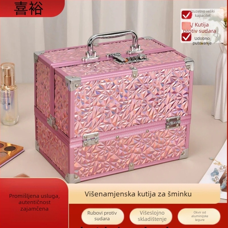 Aluminijska prijenosna kutija za manikuru i tetoviranje obrva, višeslojna, velika kapaciteta, profesionalno skladištenje kozmetike