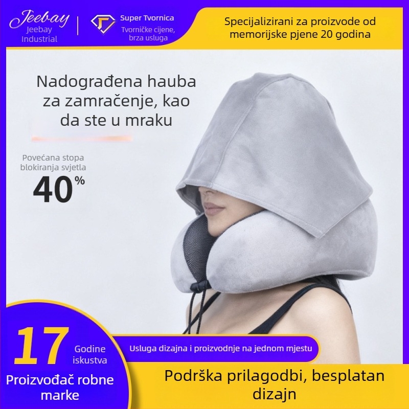 Kapucni jastuk za vrat u obliku U od memorijske pjene, s kapom, otporan na pranje, za putovanja i vožnju automobilom, prilagodljiv