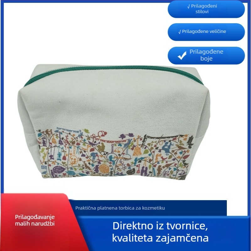 Torba za šminku od platna sa floralnim uzorkom, srednje veličine, horizontalni pravokutni oblik, zatvarač, unutarnja džep, pamucna podstava, meka ručka, pere se, vodootporna, prijenosna, preklopiva