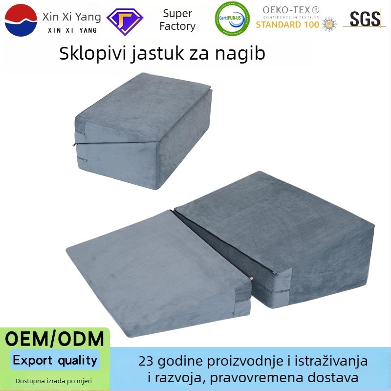 Trokutasti jastuk od visoko guste pjene, namijenjen starijim osobama i trudnicama; za bočno spavanje, olakšava okretanje, podrška uz rub kreveta, sklopivi nagibni dizajn.