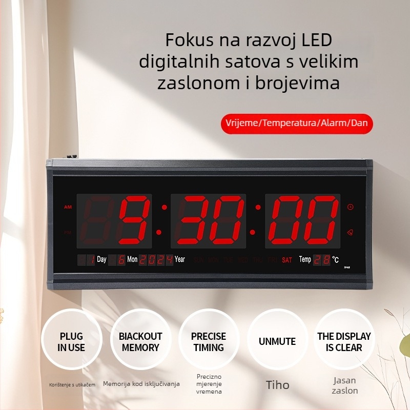 LED digitalni zidni sat s vječnim kalendarom, velike brojke, termometar, prikaz tjedna i mjeseca, alarm