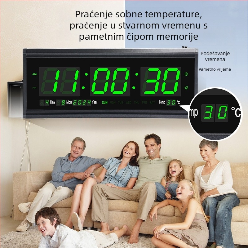 LED digitalni zidni sat s vječnim kalendarom, velike brojke, termometar, prikaz tjedna i mjeseca, alarm