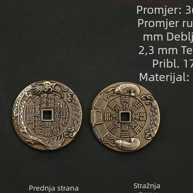 Latunska dekorativna figura: riba koja skače preko vrata zmaja, planinski duh i novčić – kineski stil, vintage dekor za ulaz