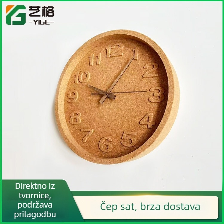 Zidni sat od prirodnog pluta, drveno kućište, ekološki materijali, europski stil dekoracije