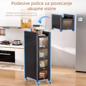 Kuhinjski ormar za uski prostor s izvlačnim policama na strani hladnjaka, uski rub