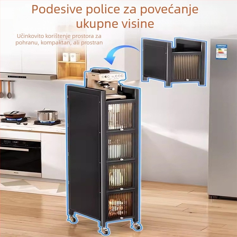 Kuhinjski ormar za uski prostor s izvlačnim policama na strani hladnjaka, uski rub