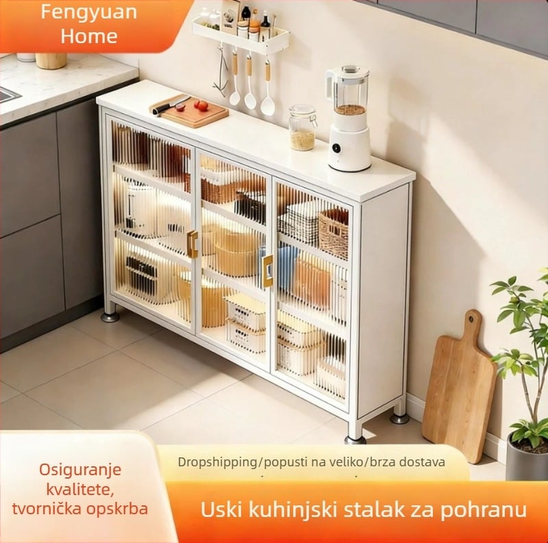 Uski kuhinjski ormar za pohranu s frontama od svijetlog panela i ultratankim bočnim ormarićem