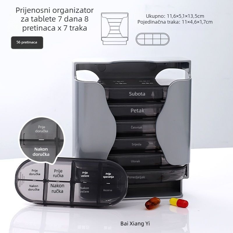 Sedmodnevni prenosni organizator za tablete s poklopcem, velikog kapaciteta, za jutro, ručak i večer