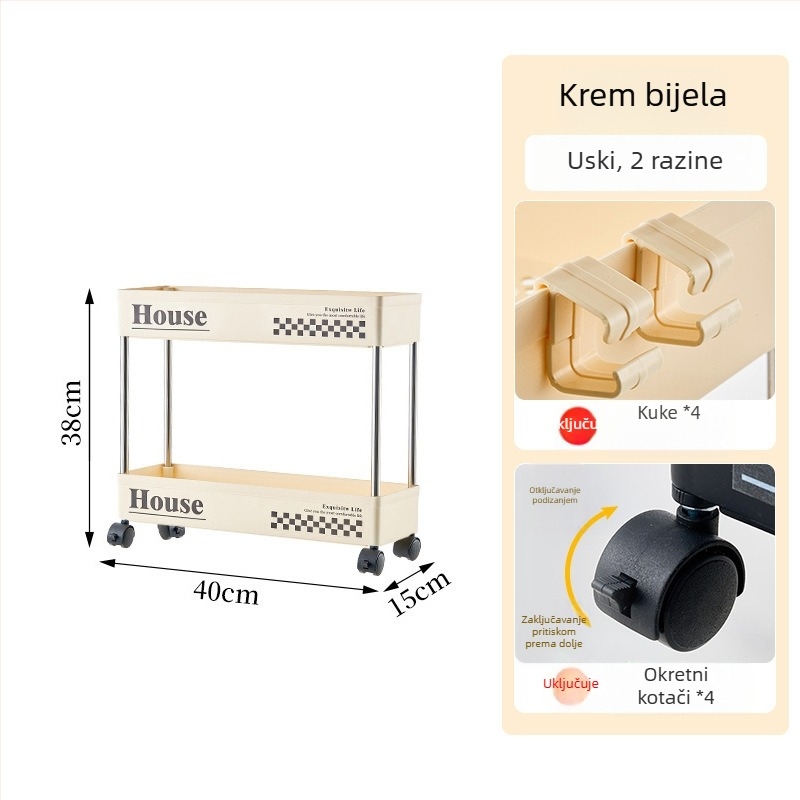 Uski regal za skladištenje za kućnu upotrebu, višenamjenski za spavaću sobu, kupaonicu i kuhinju, s kotačićima — za užine, pića i kozmetiku