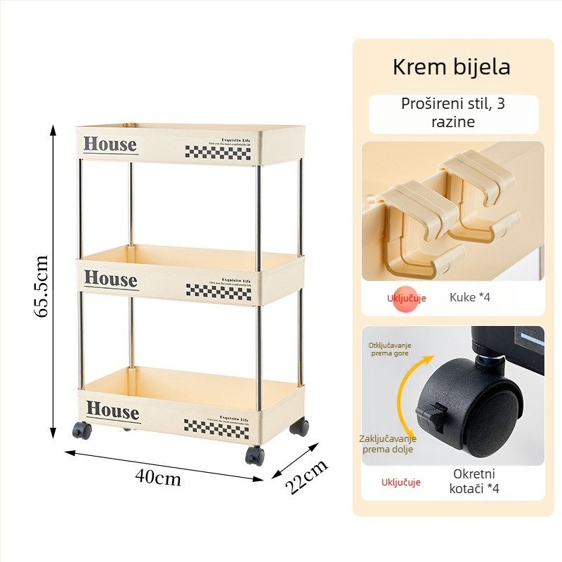 Uski regal za skladištenje za kućnu upotrebu, višenamjenski za spavaću sobu, kupaonicu i kuhinju, s kotačićima — za užine, pića i kozmetiku
