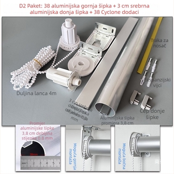 Set aluminijskog hardvera za rolete: gornja i donja šipka, reklamna tkanina, nosači, vučna užad, rotirajuća osovina i tračnica