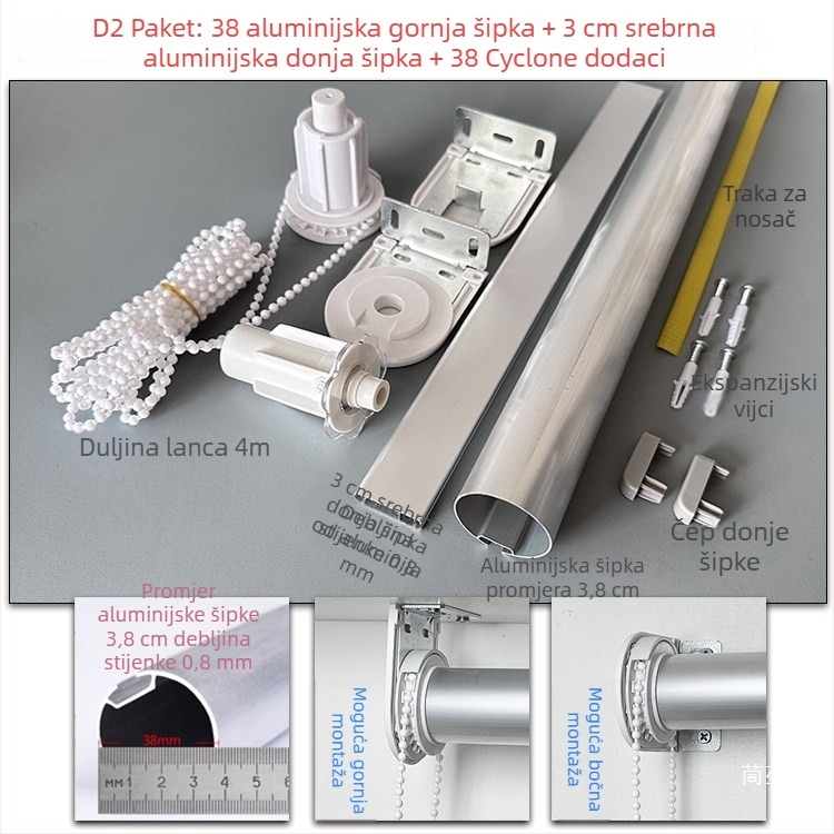 Set aluminijskog hardvera za rolete: gornja i donja šipka, reklamna tkanina, nosači, vučna užad, rotirajuća osovina i tračnica