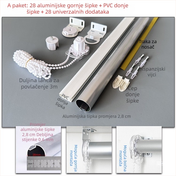 Set aluminijskog hardvera za rolete: gornja i donja šipka, reklamna tkanina, nosači, vučna užad, rotirajuća osovina i tračnica