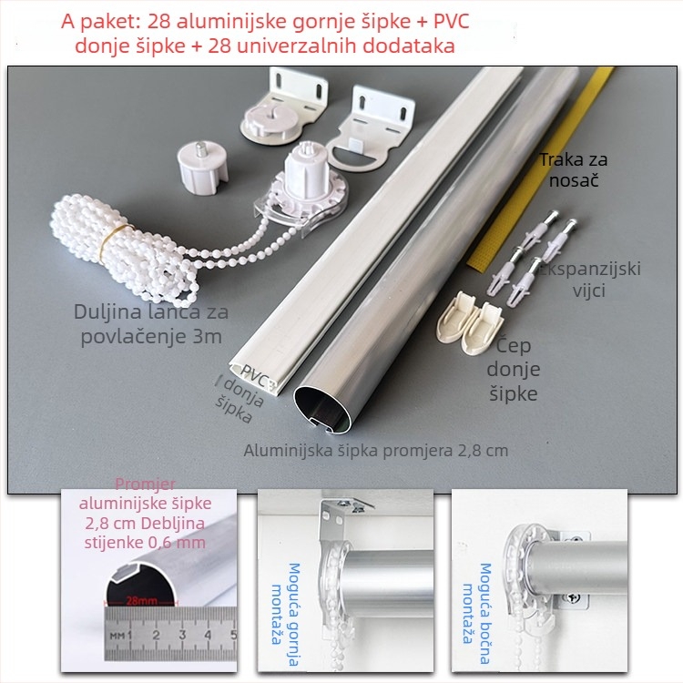 Set aluminijskog hardvera za rolete: gornja i donja šipka, reklamna tkanina, nosači, vučna užad, rotirajuća osovina i tračnica