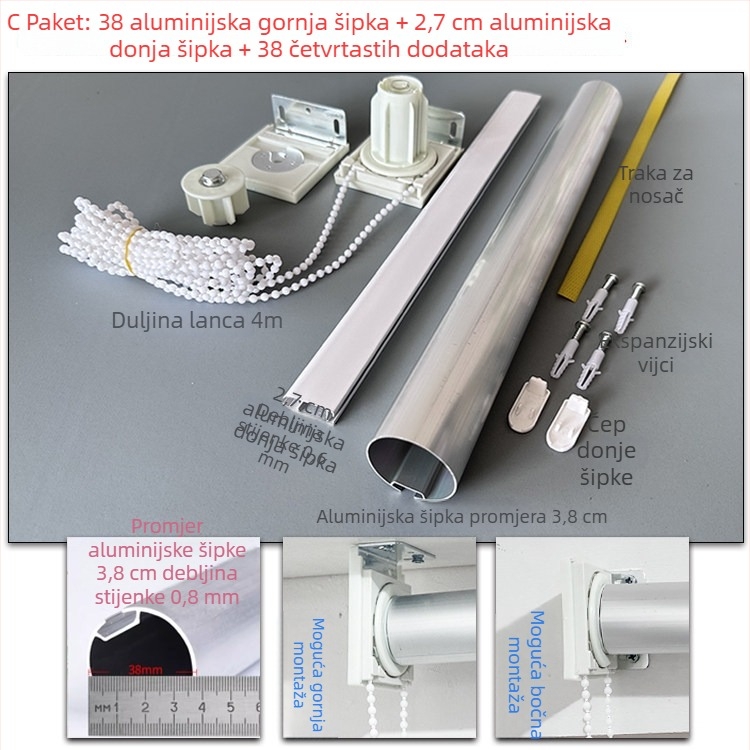 Set aluminijskog hardvera za rolete: gornja i donja šipka, reklamna tkanina, nosači, vučna užad, rotirajuća osovina i tračnica
