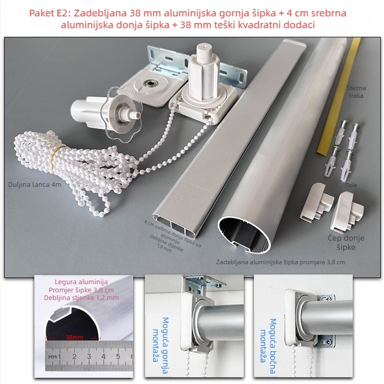 Set aluminijskog hardvera za rolete: gornja i donja šipka, reklamna tkanina, nosači, vučna užad, rotirajuća osovina i tračnica