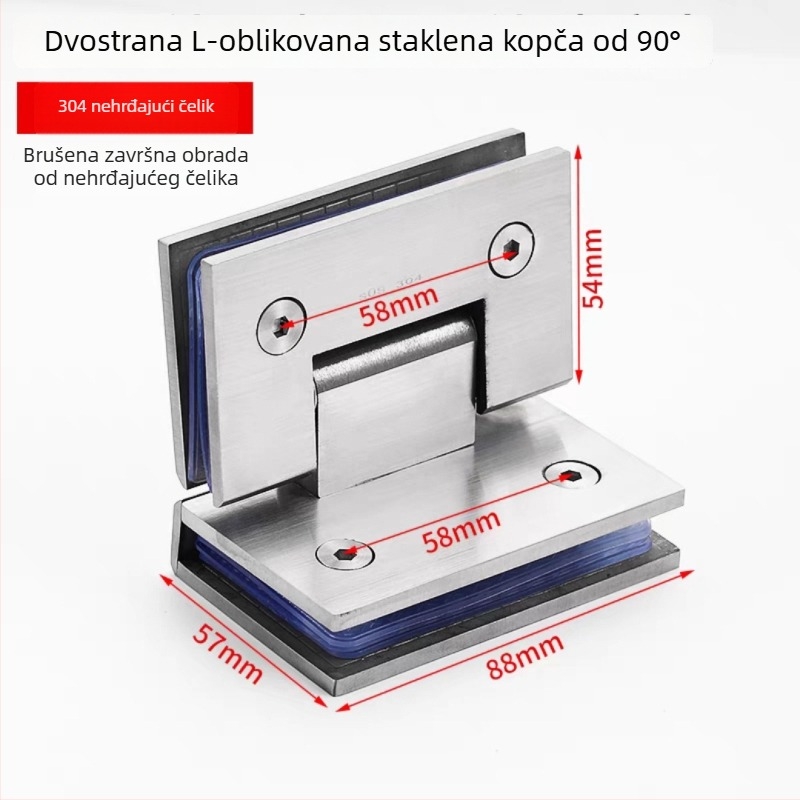 Klip za kupaonu od 304 nehrđajućeg čelika, 90° dvostrano sklopni šarki za bezokvirna staklena vrata tuš kabine