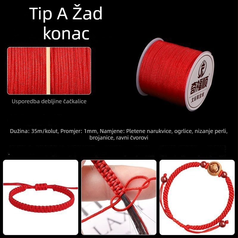 Crveni pleteni konac narukvica s privjeskom, kineski čvor, materijali za DIY izradu nakita
