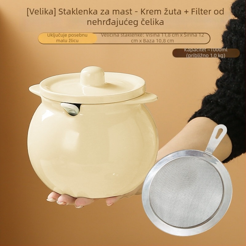 Keramički kućni spremnik za svinjski mast s filtrom, otporan na visoke temperature, velik kapacitet za začine i ulje, spremnik za čili ulje