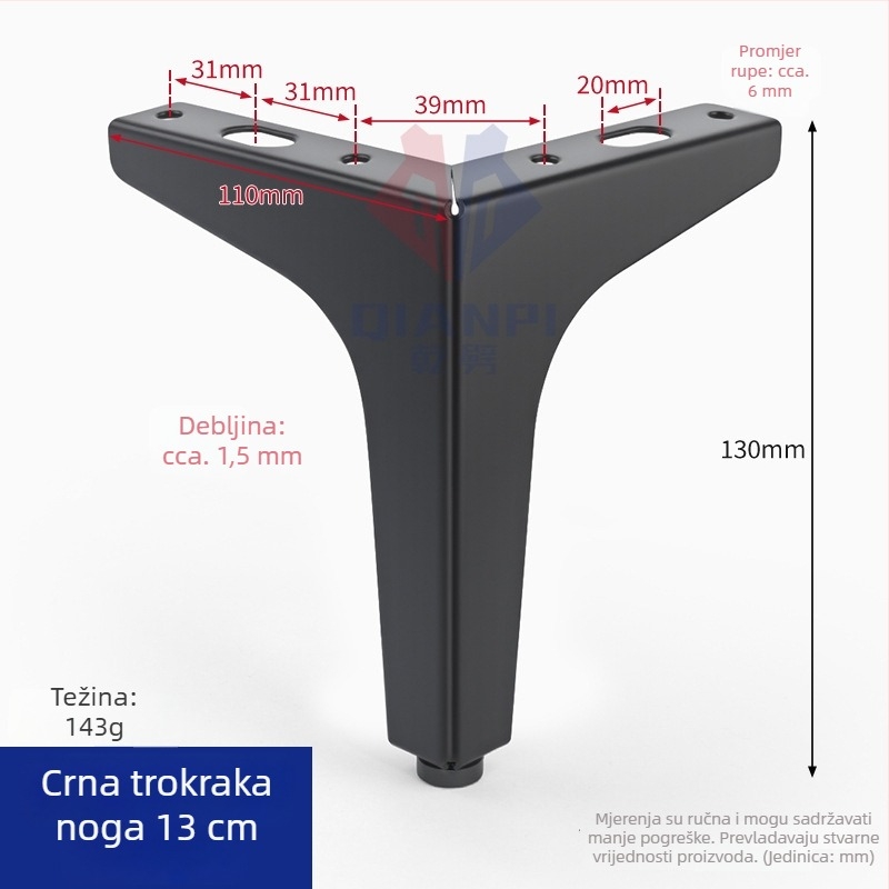 Trokrake željezne noge za namještaj – za kožni kauč, TV ormarić, noćni ormarić, stolić za kavu i potporu kupaonskom ormariću
