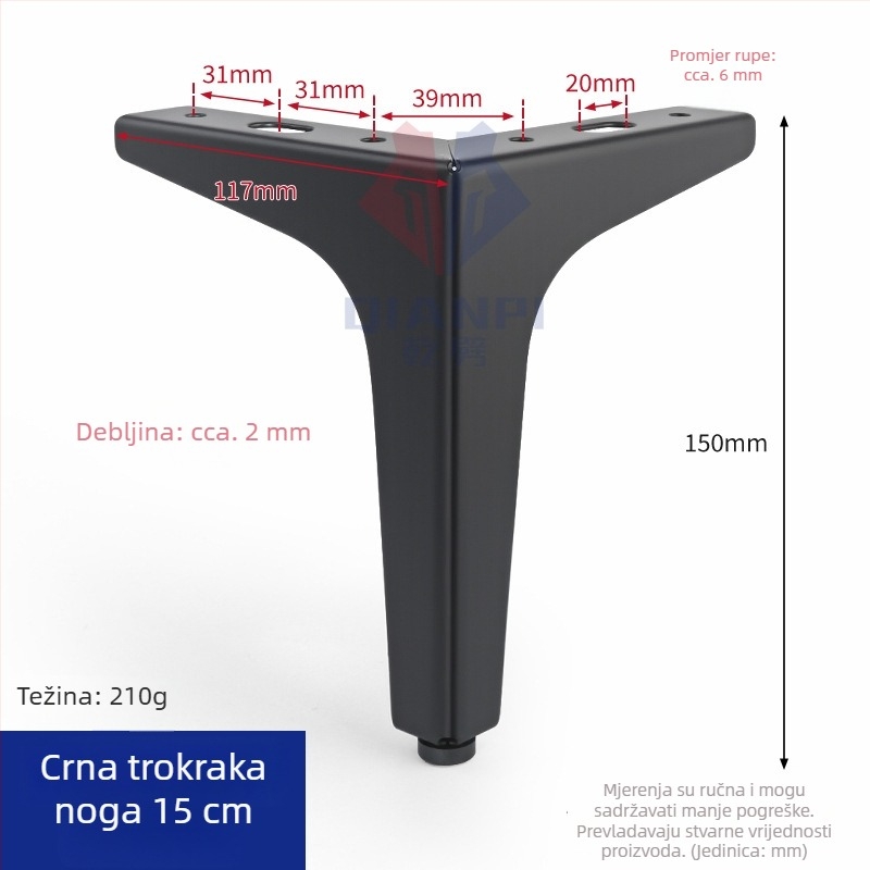 Trokrake željezne noge za namještaj – za kožni kauč, TV ormarić, noćni ormarić, stolić za kavu i potporu kupaonskom ormariću