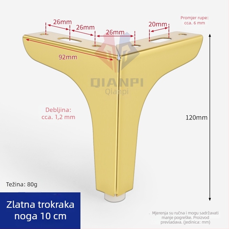 Trokrake željezne noge za namještaj – za kožni kauč, TV ormarić, noćni ormarić, stolić za kavu i potporu kupaonskom ormariću