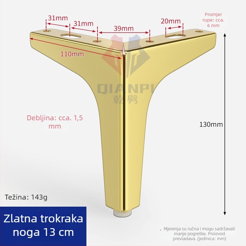Trokrake željezne noge za namještaj – za kožni kauč, TV ormarić, noćni ormarić, stolić za kavu i potporu kupaonskom ormariću