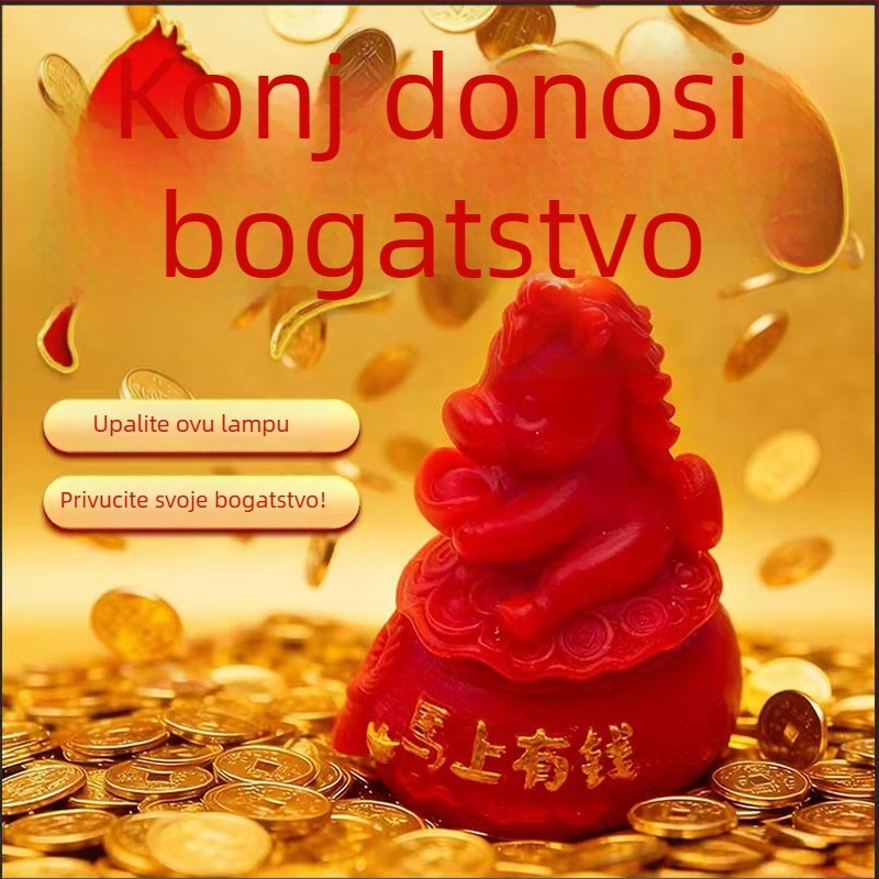 Crvena maslena svijeća za Boga bogatstva, ručno izrađena religiozna svijeća u obliku životinje s zlatnim slovima – dar Godini konja