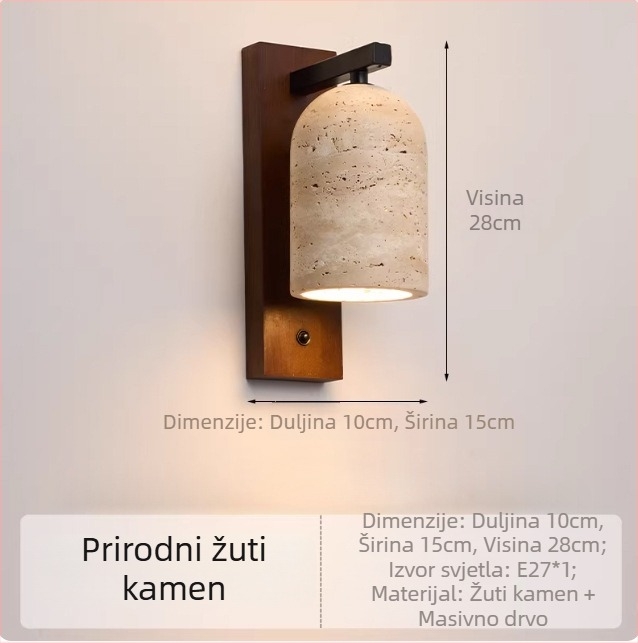 Vintage zidna lampa od žutog kamena u stilu wabi-sabi, za smještaj i restoran, ambijentalno osvjetljenje hodnika i stubišta.