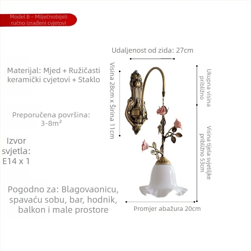 Zidna bakrena svjetiljka u obliku ruže, francuski stil sredine stoljeća, luksuzna atmosfera, američki retro dekor za spavaću sobu