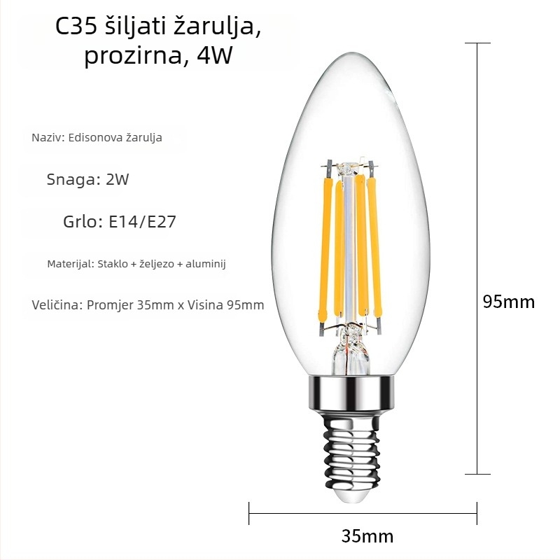 C35 Edison LED žarulja s vlaknima, prozirno staklo, mat oblik svećice, vintage stil
