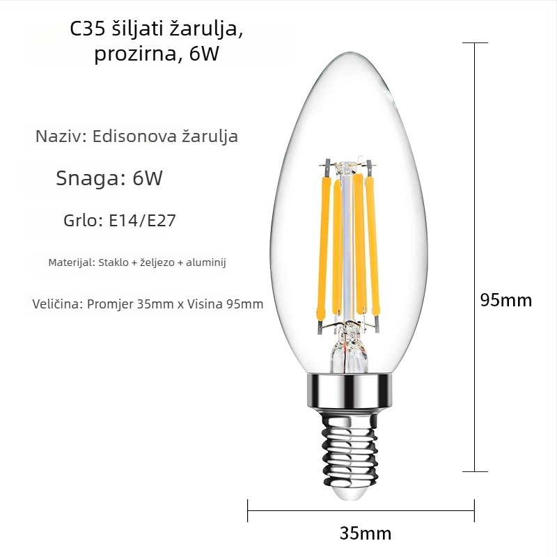 C35 Edison LED žarulja s vlaknima, prozirno staklo, mat oblik svećice, vintage stil