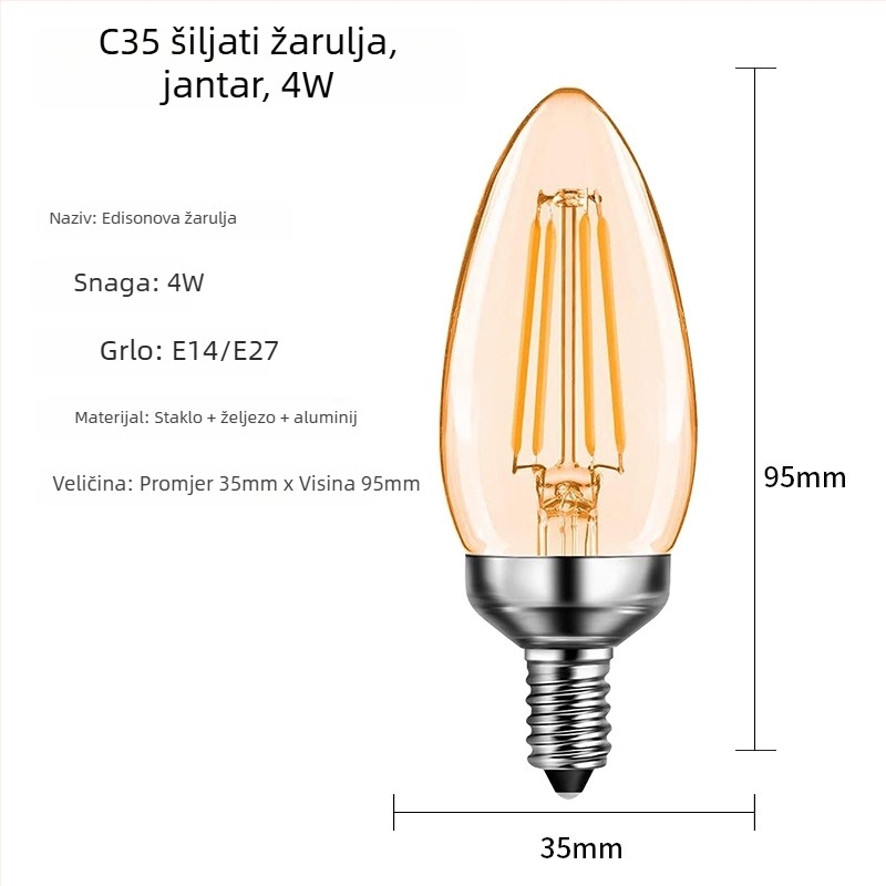 C35 Edison LED žarulja s vlaknima, prozirno staklo, mat oblik svećice, vintage stil
