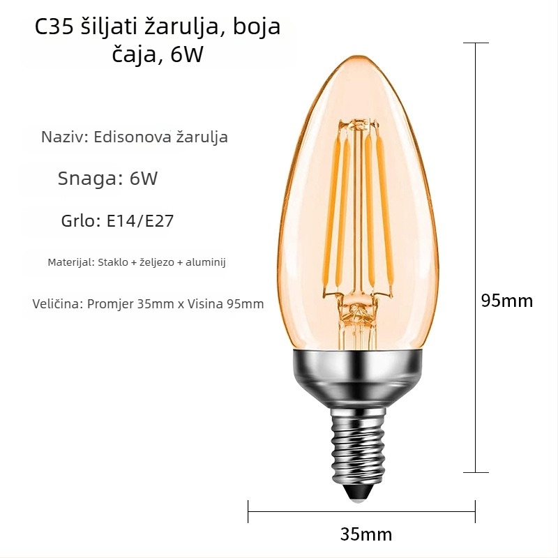 C35 Edison LED žarulja s vlaknima, prozirno staklo, mat oblik svećice, vintage stil