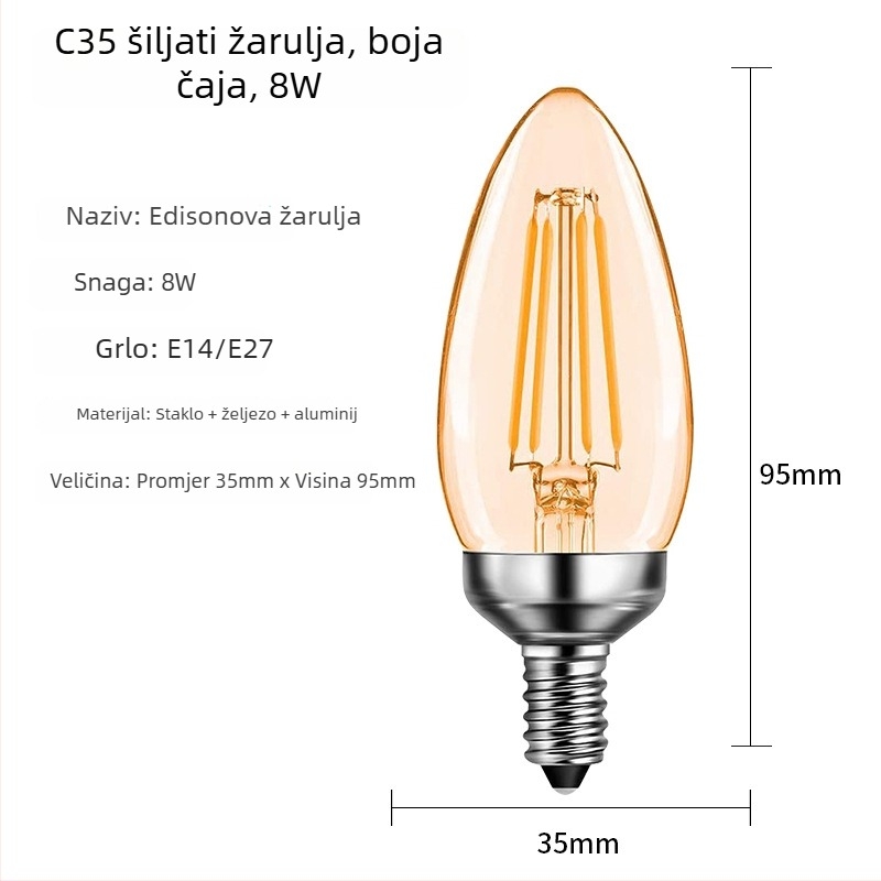 C35 Edison LED žarulja s vlaknima, prozirno staklo, mat oblik svećice, vintage stil