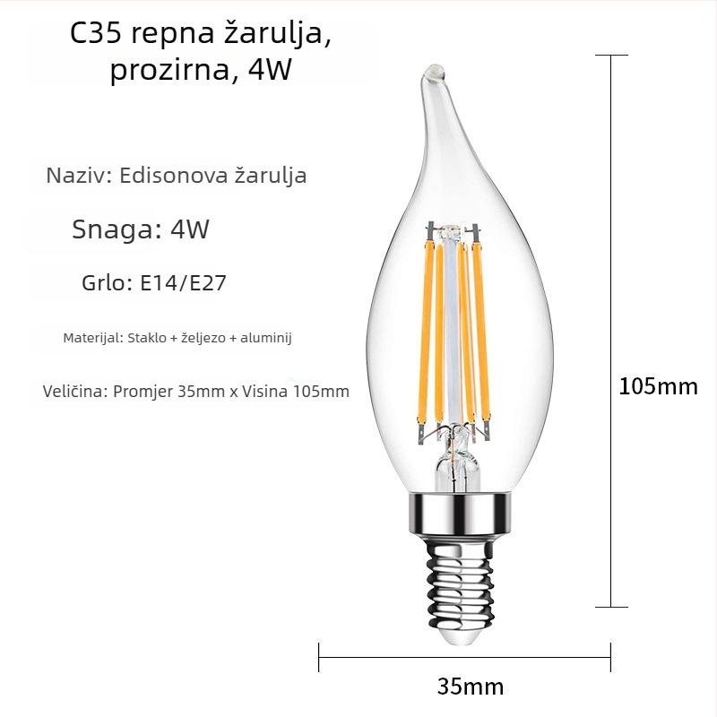 C35 Edison LED žarulja s vlaknima, prozirno staklo, mat oblik svećice, vintage stil