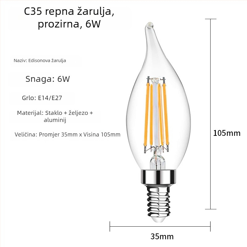 C35 Edison LED žarulja s vlaknima, prozirno staklo, mat oblik svećice, vintage stil