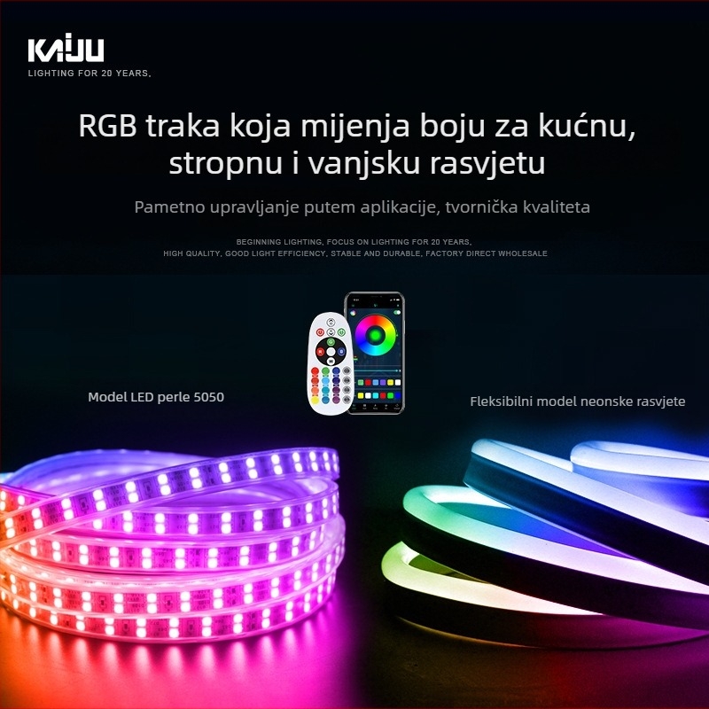 LED traka s pametnim Bluetooth upravljanjem za strop dnevnog boravka, neonski efekt, sedmofarbna promjena boja, vodootporna za vanjsku uporabu, 220V
