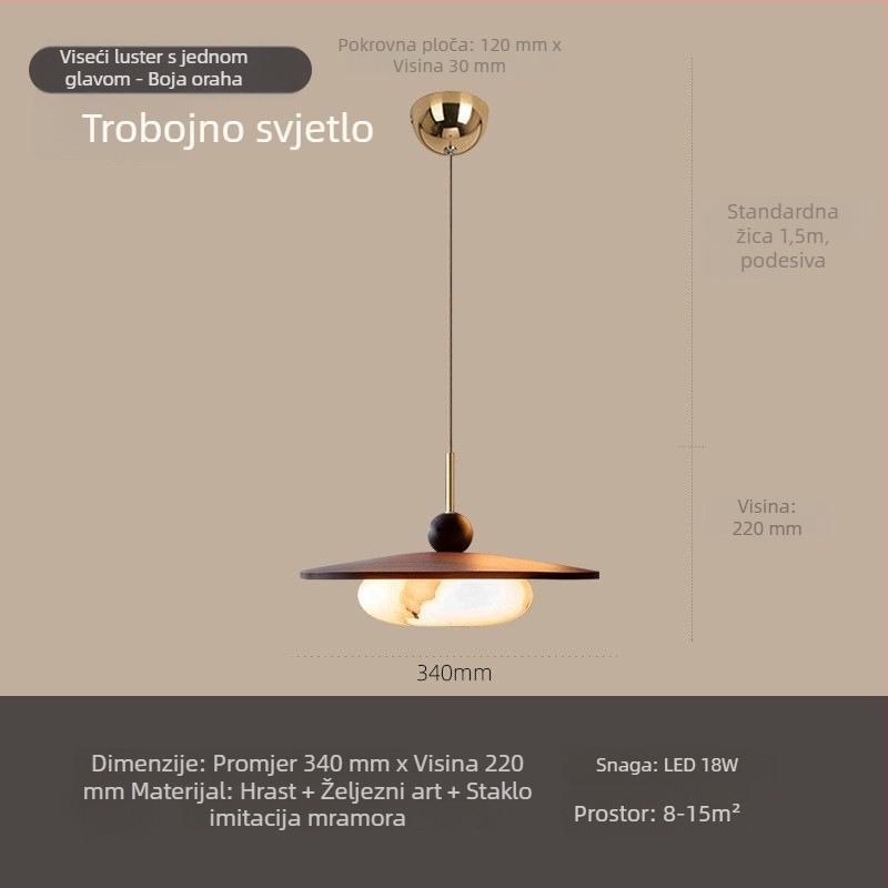 Trostruki luster od orahovog drveta, osvjetljenje blagovaonice u stilu sredine stoljeća, s imitacijom mramora