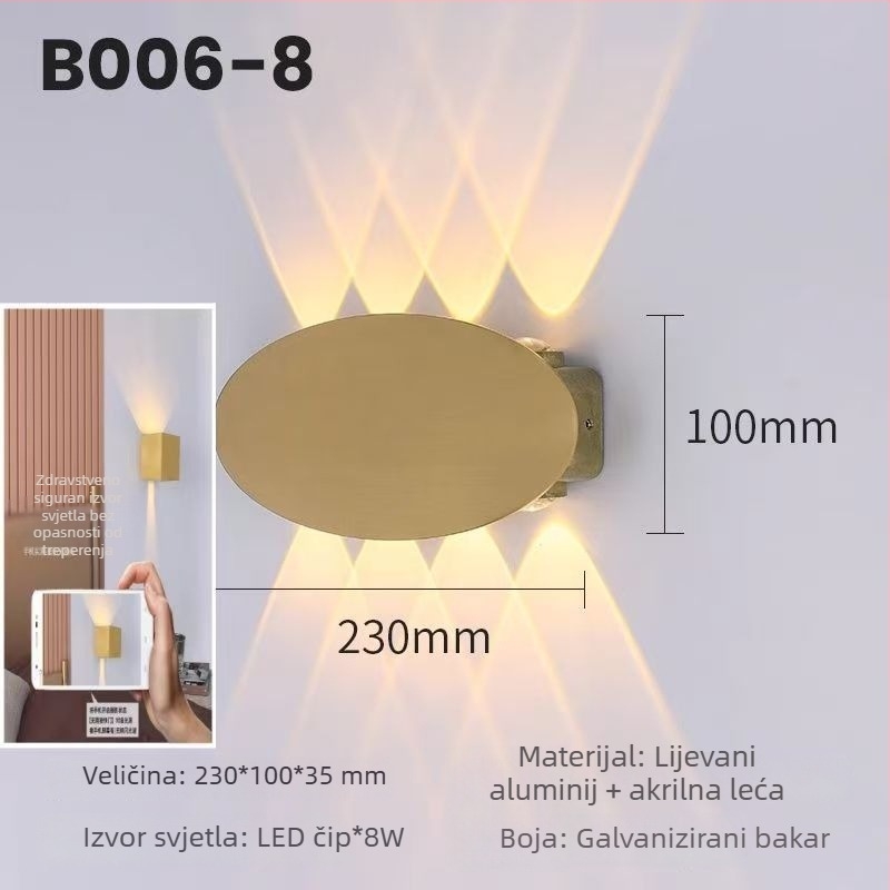 LED zidna lampa za pranje zida, nordičkog stila, zidni montažni, za spavaću sobu i dnevni boravak, aluminijsko tijelo, akrilno sjenilo, 8 LED