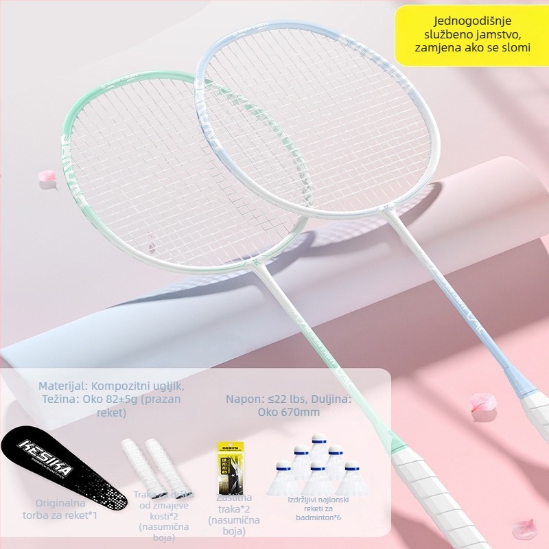 Set raketa za badminton za djevojke – singl i dubl rakete, visoka elastičnost, lagana karbonska konstrukcija, moderan dizajn