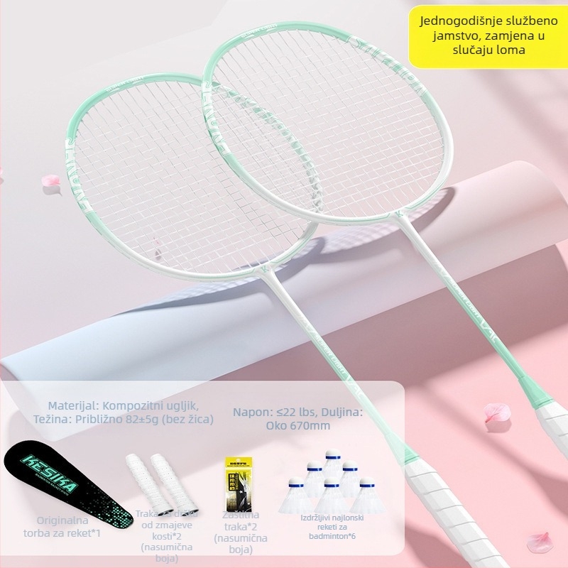 Set raketa za badminton za djevojke – singl i dubl rakete, visoka elastičnost, lagana karbonska konstrukcija, moderan dizajn